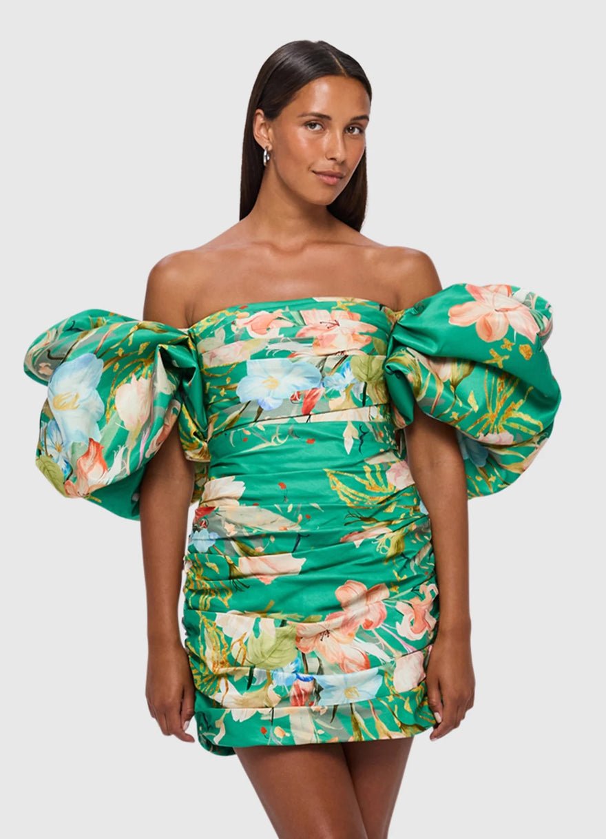Leo Lin Brenda Puffy Sleeve Mini Dress - Opulent Print In Verdant photo 5