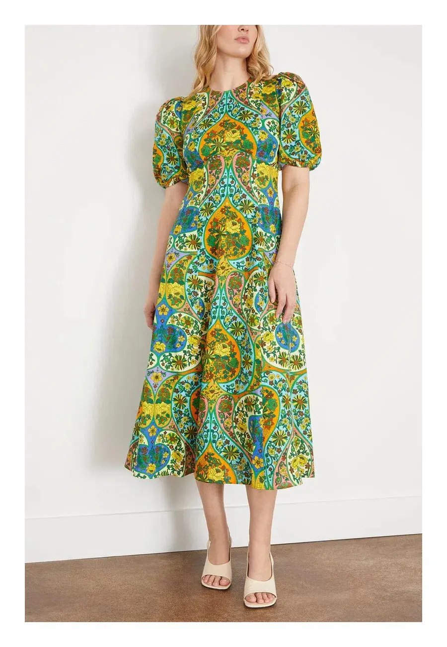 Alemais Sofie Puff Sleeve Midi Dress Green Print Size 12 photo 2