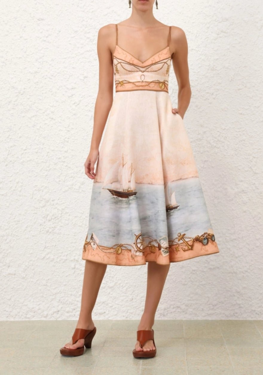 Zimmermann Scarborough Picnic Midi Dress In Peach Nautical Map photo 2