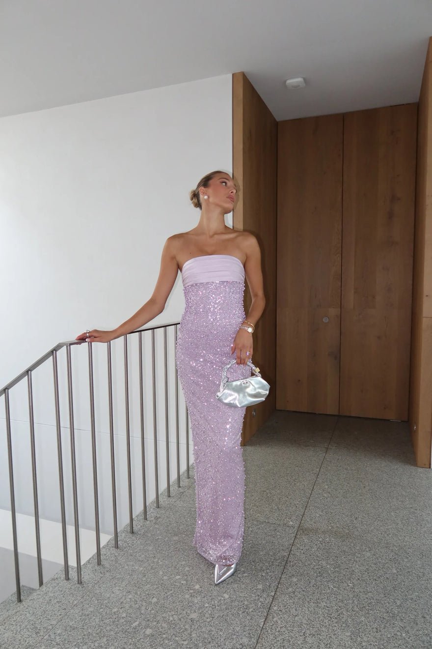 Miss Circle Lainey Purple Satin Sequin Pearls Beaded Maxi Dress photo 4
