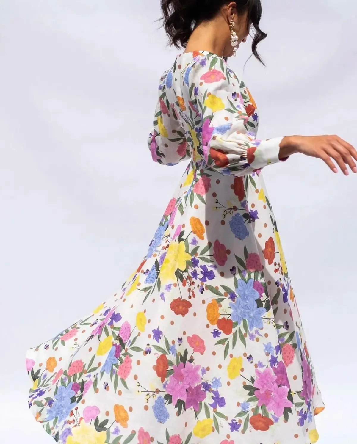 Isabella Longginou Polka Dot Floral Cuff Sleeve Midi Dress Multi Size 12 photo 3