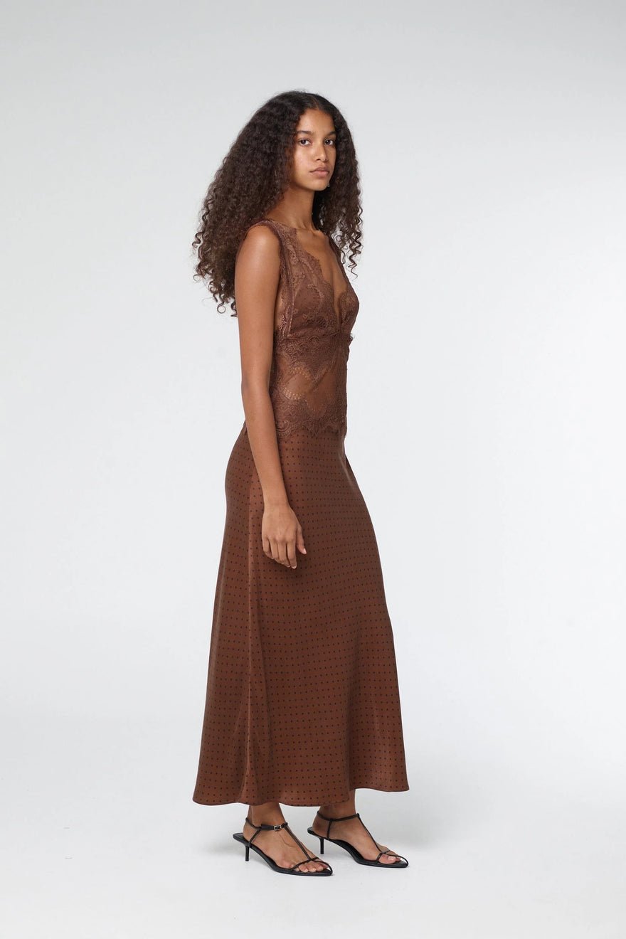 Third Form Visions Lace Deep V Neck Maxi Dress - Chocolate Polka Dot photo 4