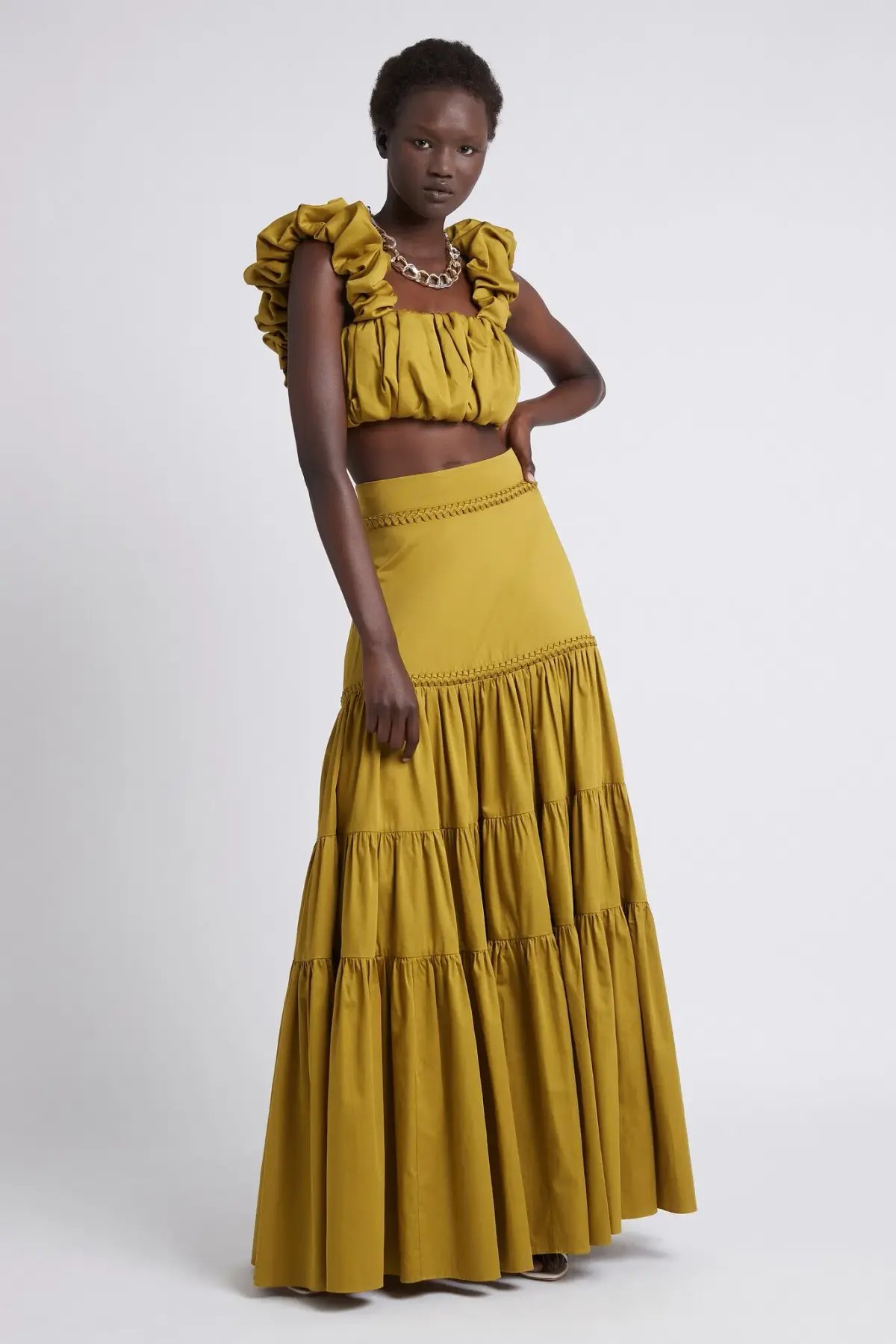 Aje Palms Puff Sleeve Shirt and Casabianca Tiered Skirt Set Yellow Size 10 photo 4