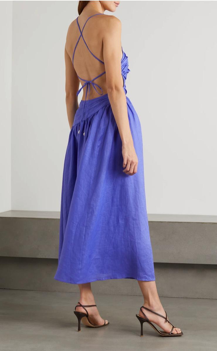 Zimmermann Tropicana Open-back Asymmetric Linen Midi Dress Blue Size 12 photo 3