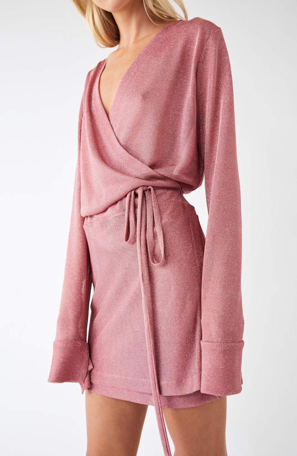 Kacey Devlin Formation Mini Wrap Dress Metallic Pink Size 10 photo 4
