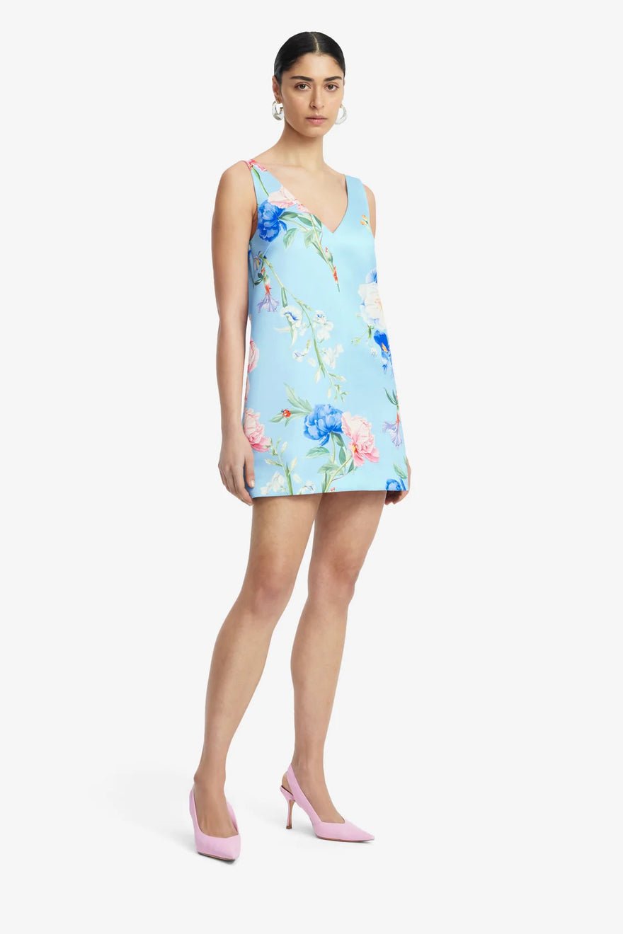 Leo Lin Kaelyn V Neck Mini Dress - Garden Print in Baby Blue photo 3