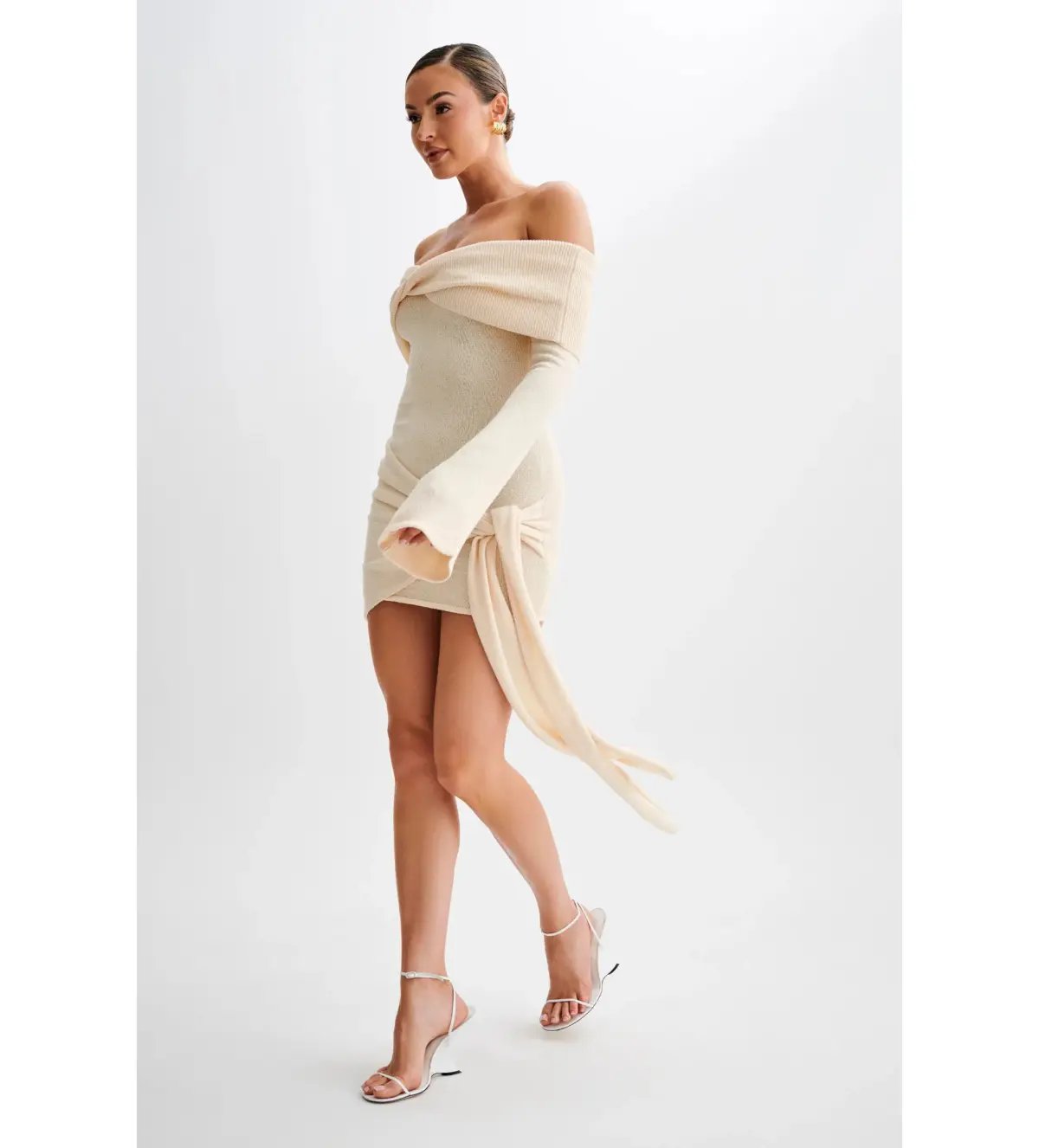 MESHKI Camryn Off Shoulder Tie Knit Mini Dress in Cream Marle Size S/AU 8 photo 2