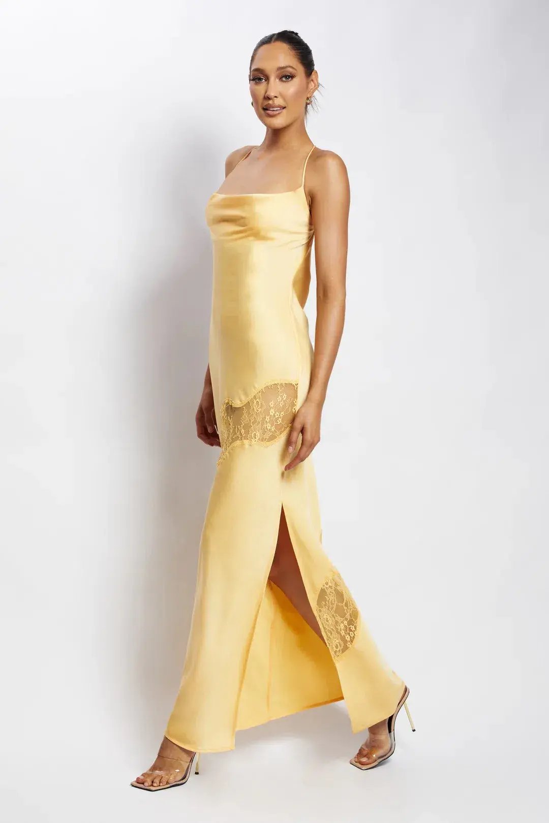 Meshki Chandra Lace Detail Satin Maxi Dress Lemon Size 14 photo 4