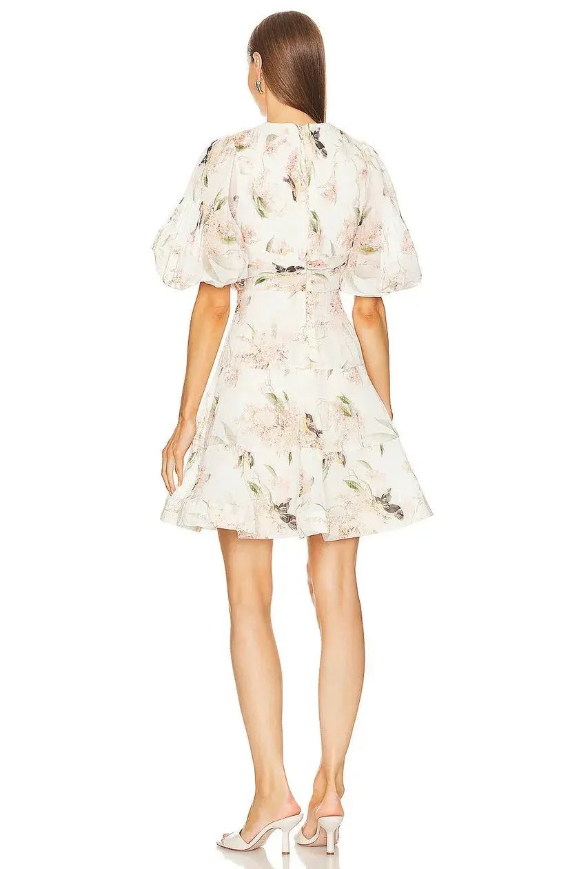 Zimmermann Pleated Mini Dress Coral Birds Print Size 3 / AU 14 photo 3
