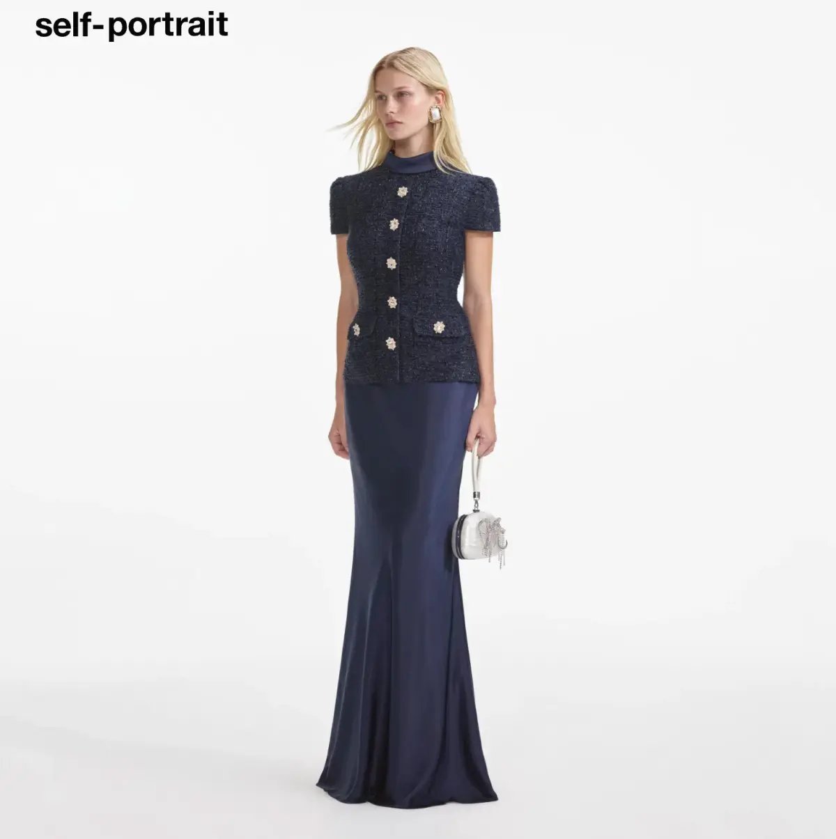 Self Portrait Navy Metallic Boucle Maxi Dress Size Small photo 4