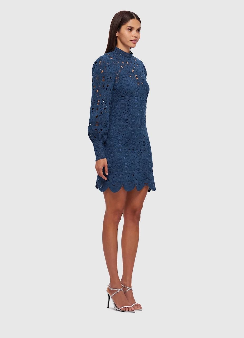 LEO LIN DAISY CROCHET LONG SLEEVE MINI DRESS - NAVY photo 3