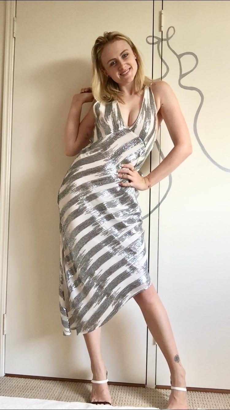 Manning Cartell Sequin Midi Plunging Dress Silver White Size 6 photo 4