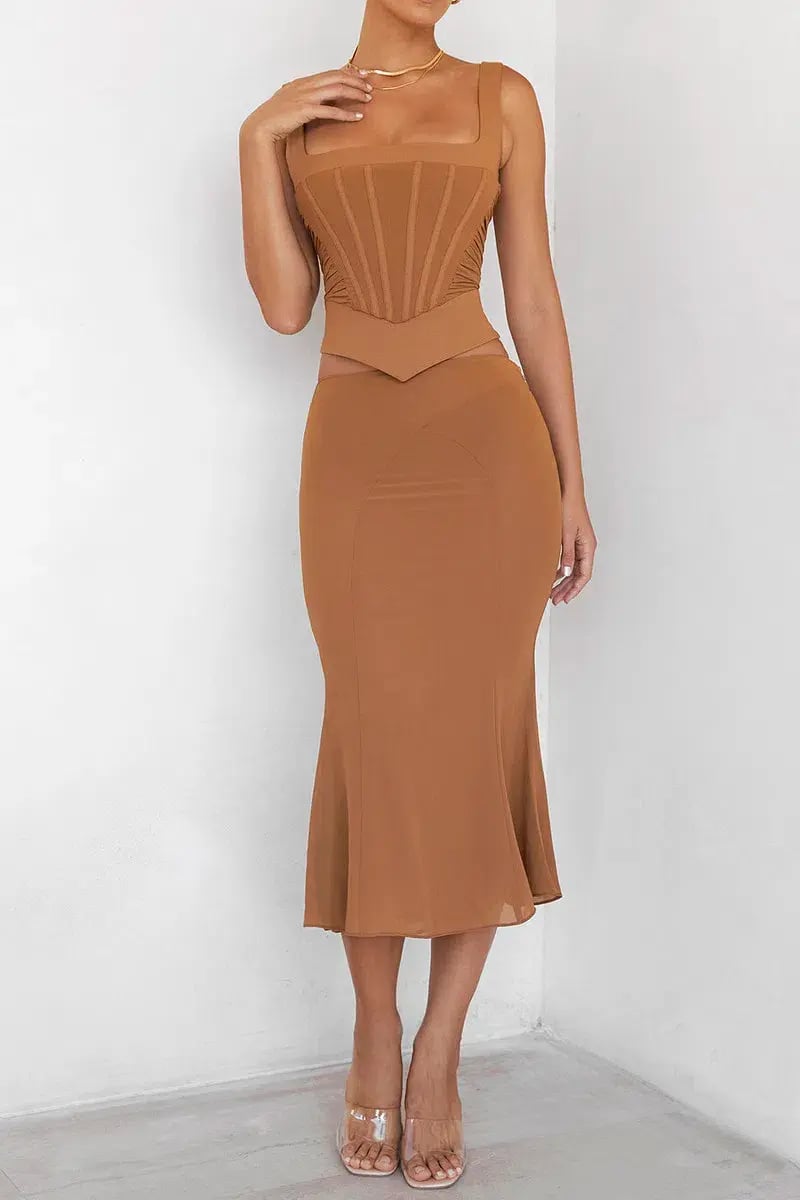 House of CB Mistress Rocks Caramel Gathered Corset & Midi Skirt Set Brown Size XS / AU 6 photo 3