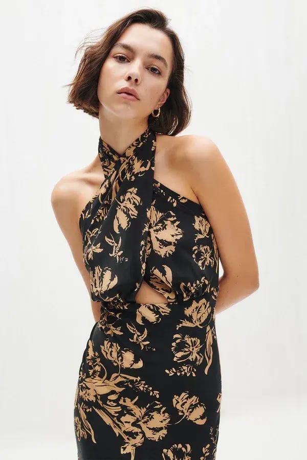 Shona Joy Dawn Silk Cross Front Halter Bias Midi Dress Floral Size 8 photo 2