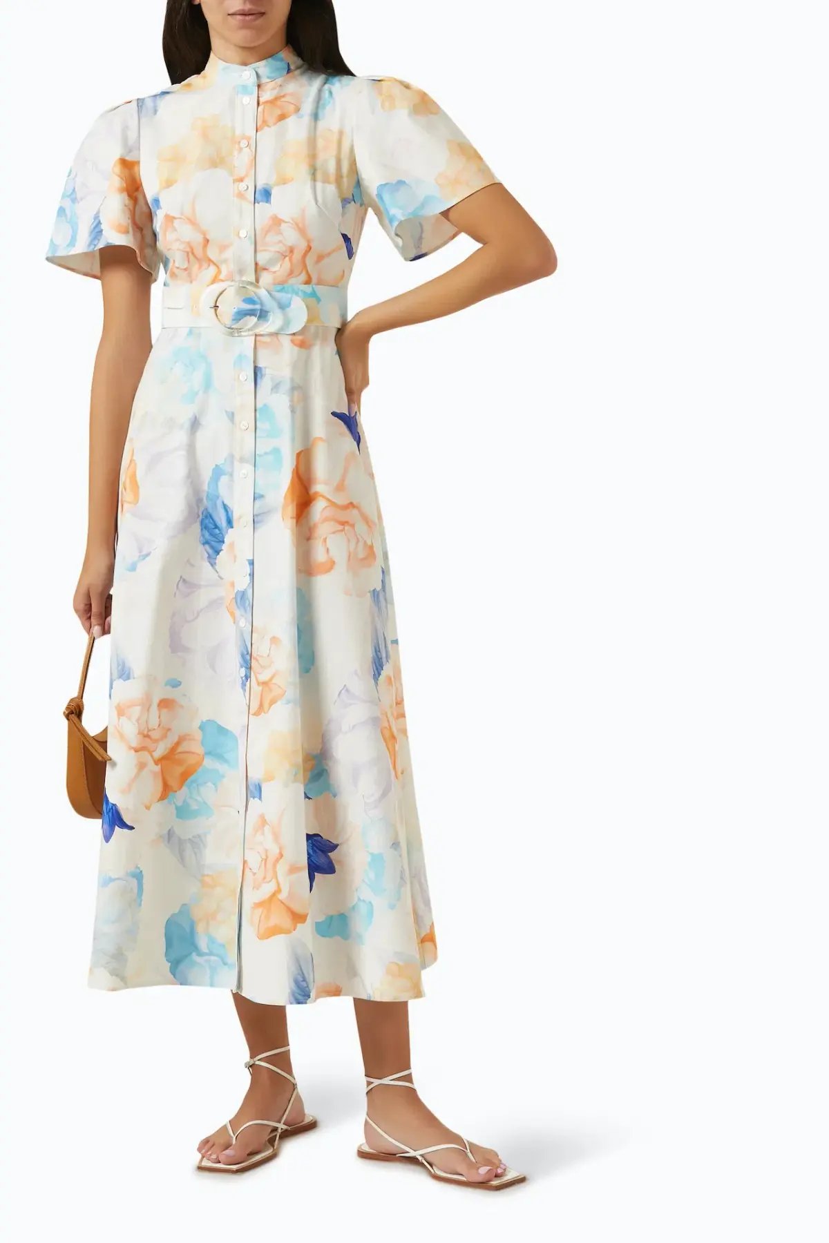 Leo Lin Bianca Short Sleeve Midi Dress Rosebud Floral Print in Cream Size 16 photo 2