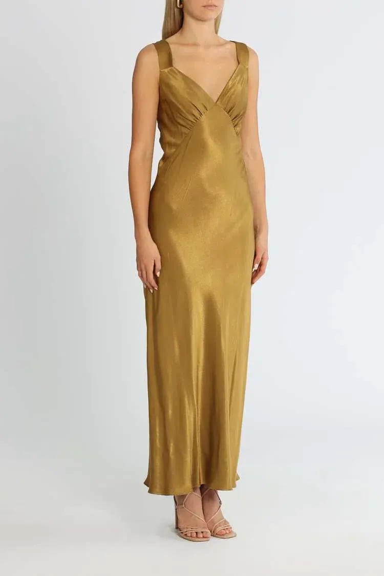 Shona Joy Giorgia Plunged Midi Dress Olive Oil Khaki Size 10 photo 2