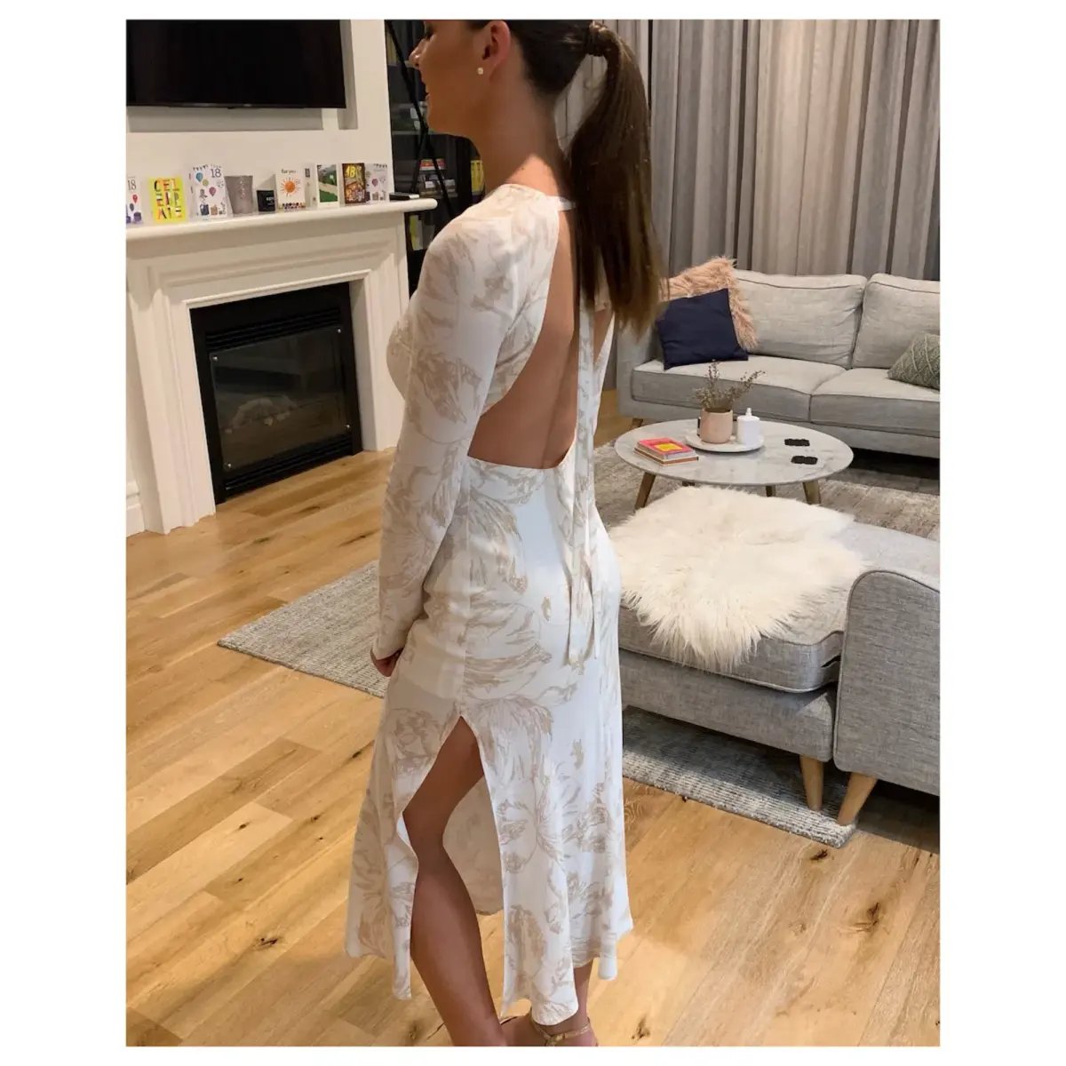 Third Form Open Back Bouquet Maxi Dress in White with Gold Flower  Size 6 photo 4