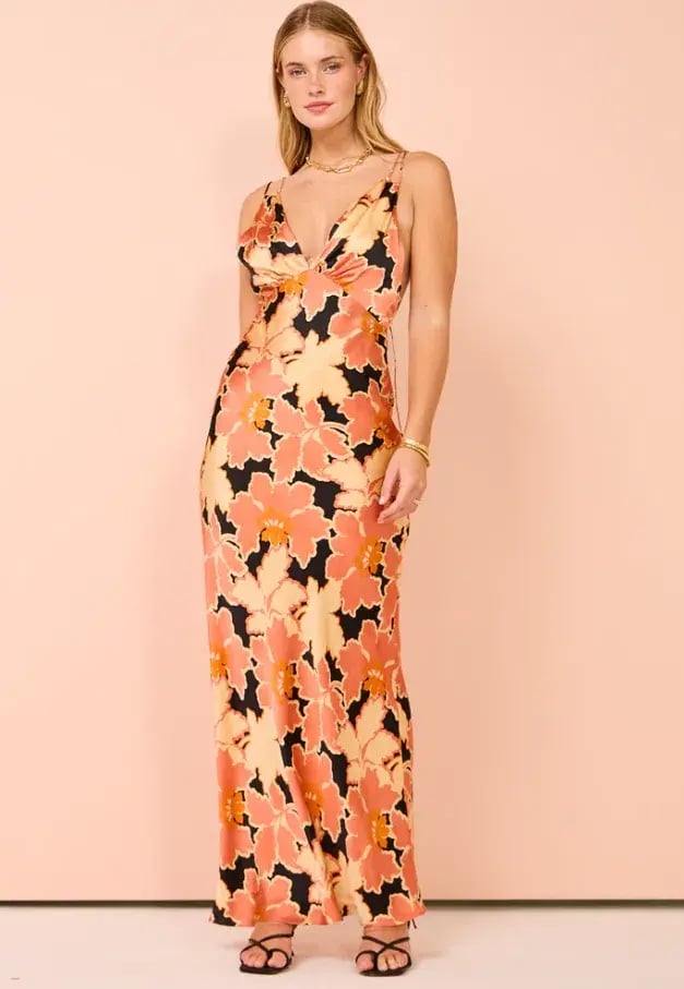 Shona Joy Rosa Silk Plunged Double Strap Maxi Dress in Coral Pink/Multi Size 8 photo 2