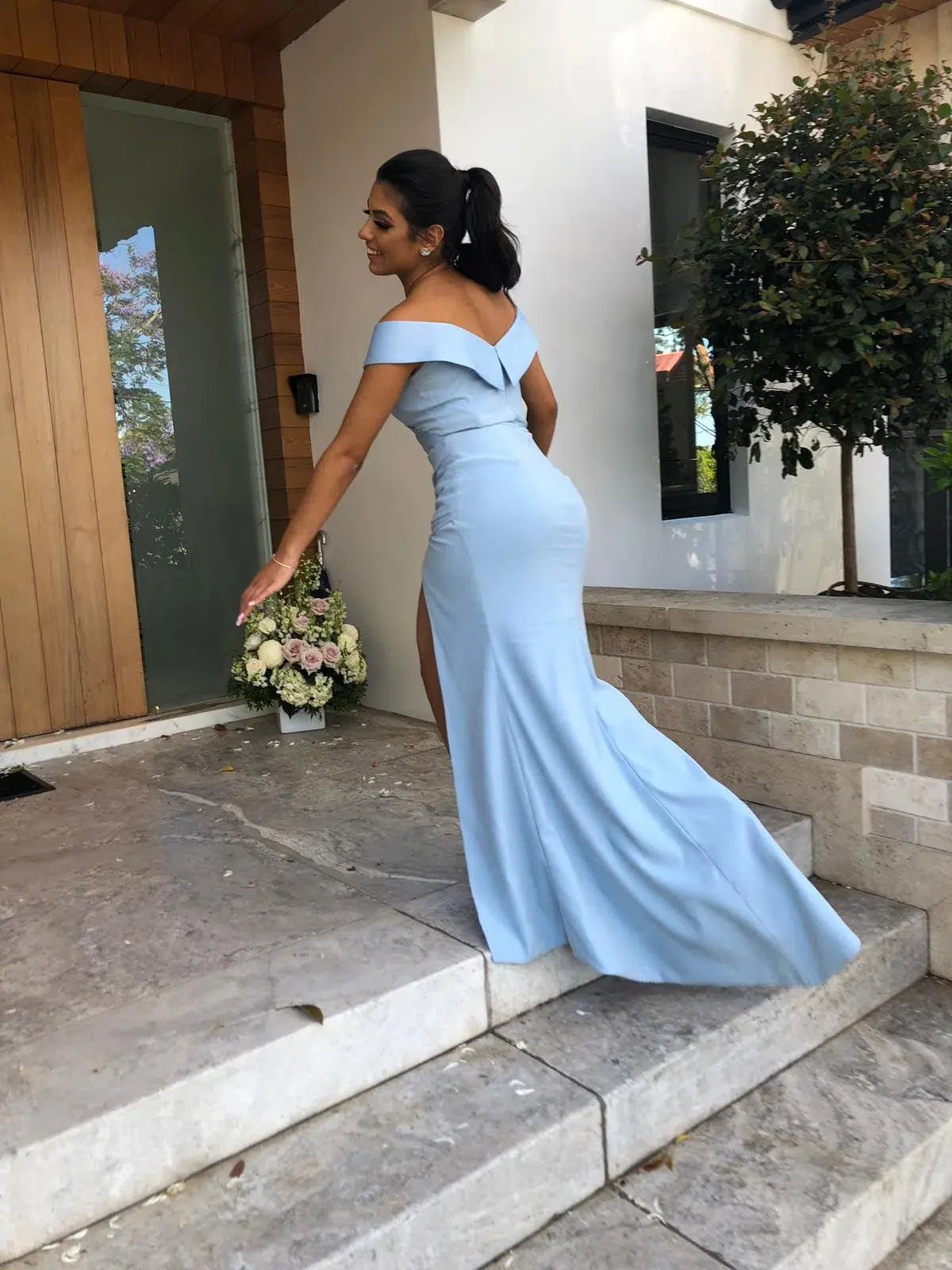 Custom Made Off Shoulder Gown Blue Size AU 6 photo 2