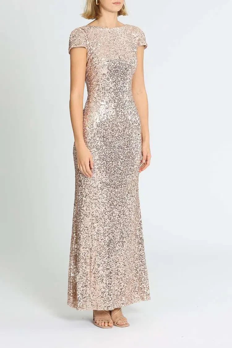 Badgley Mischka Sequin Cowl Back Gown Blush Size 16 photo 2
