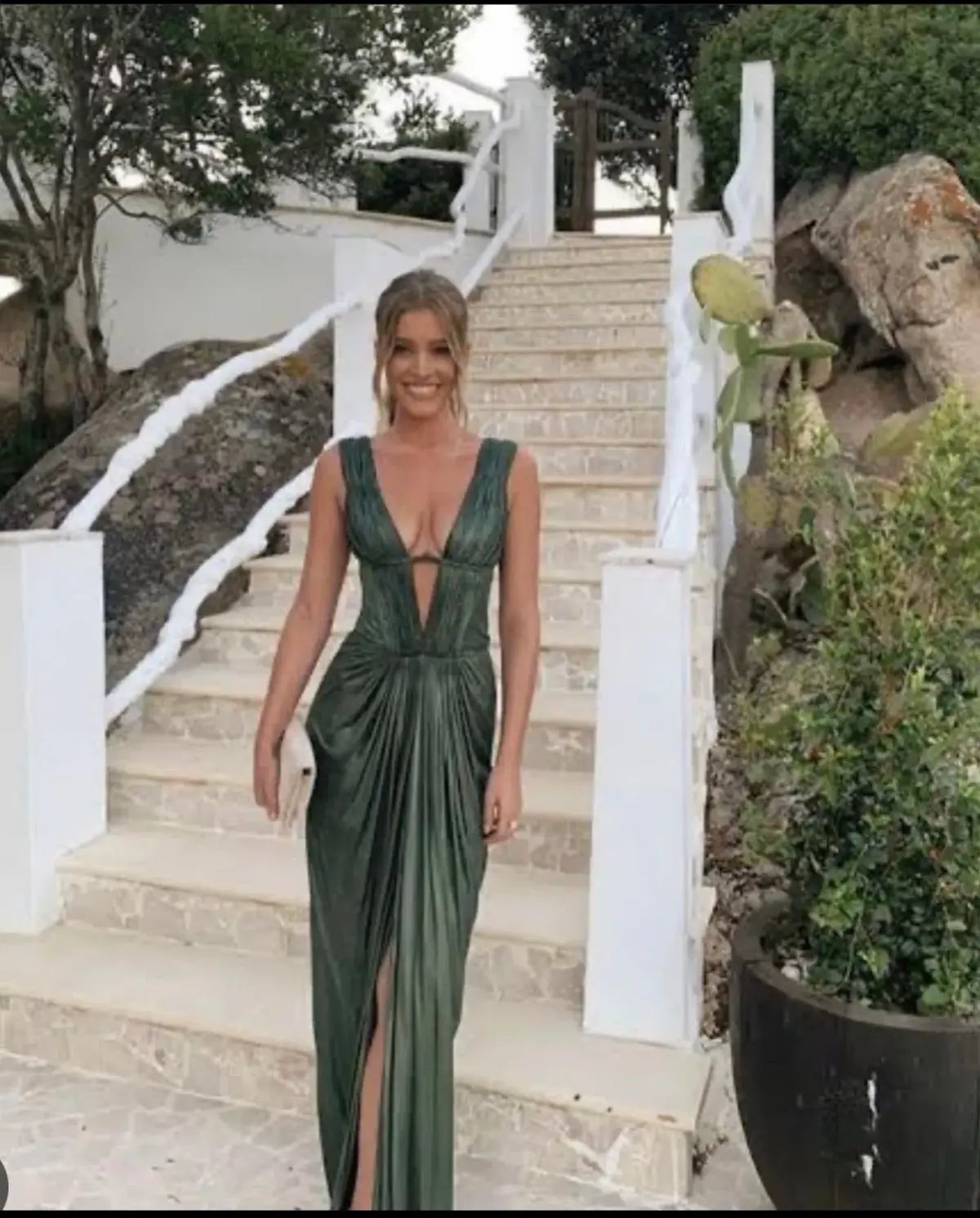 Roberto Cavalli Low V Neck Dress Green Metallic Size 8 photo 4