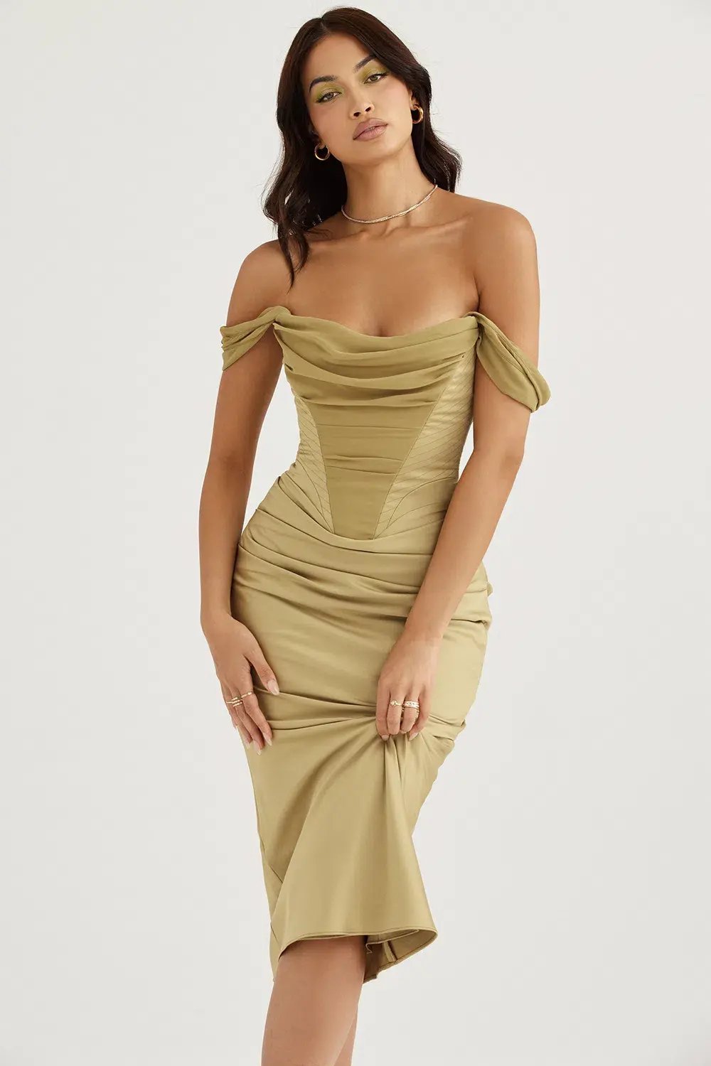 House of CB Natalya Satin Corset Midi Dress Olive Size XS / Au 6 photo 3