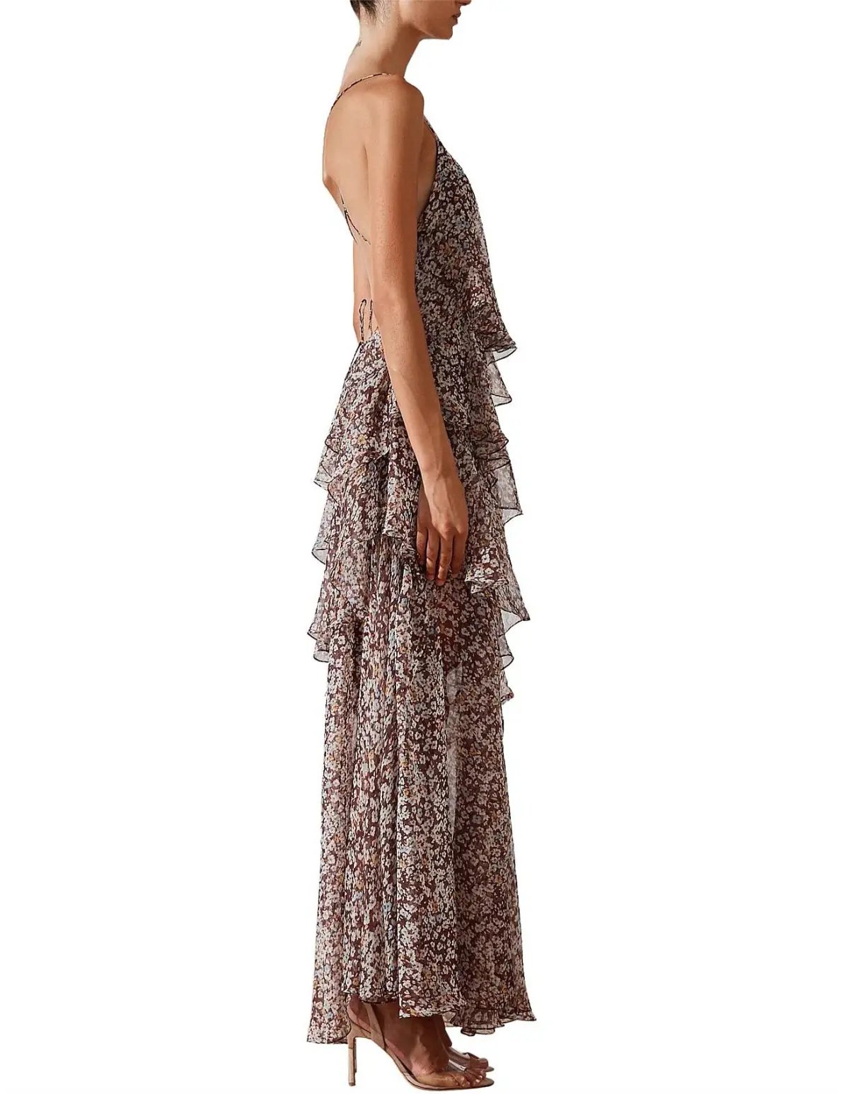 Shona Joy Garner Cross Back Tiered Maxi Dress  Retro Ditsy Floral Print In Chocolate Size 6 photo 3