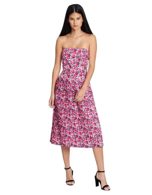 By Johnny Strapless Pleat Midi Dress Print Size 10 photo 3