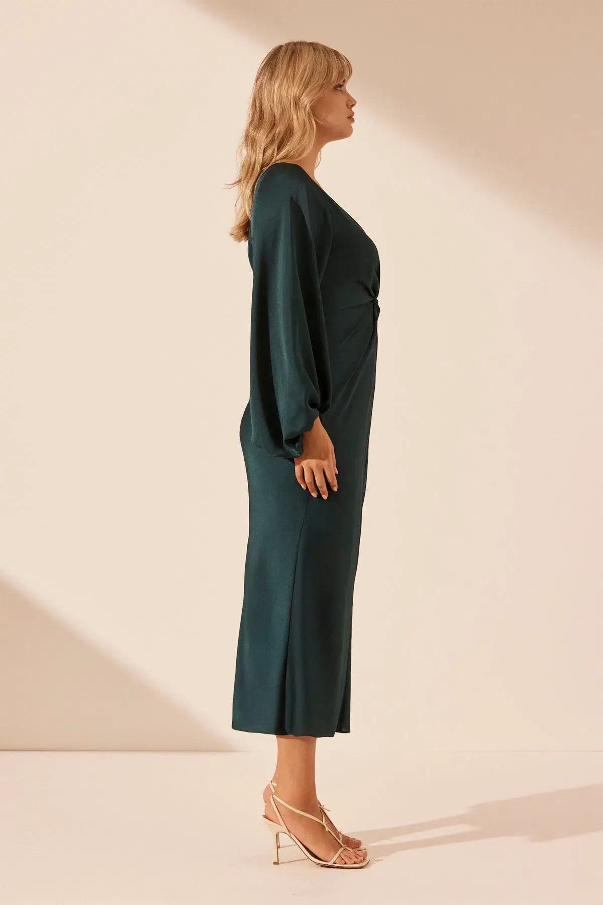 Shona Joy Luxe Balloon Sleeve Knot Front Midi Dress in Emerald Size 18 photo 4