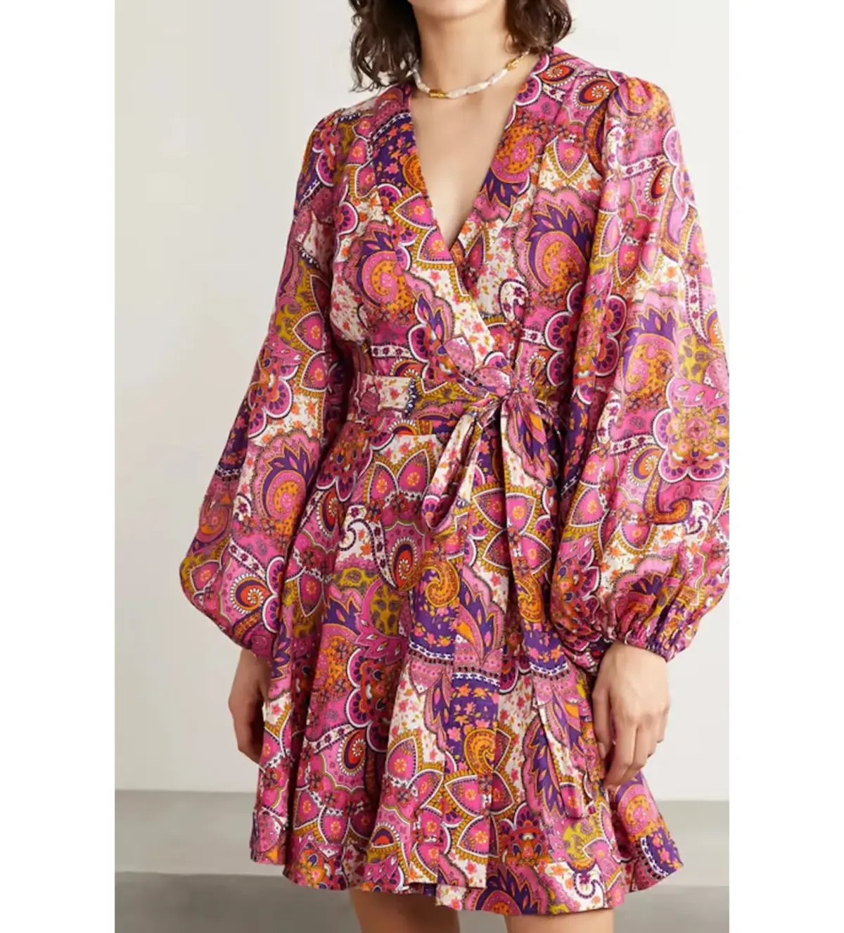 Zimmermann Paisley Fiesta Linen Wrap Mini Dress in Pink Size AU 14 photo 2
