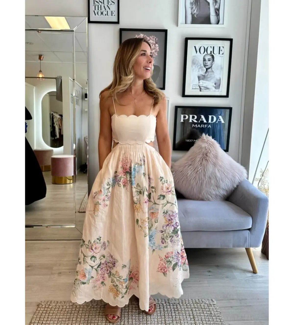 ZImmermann The Halliday Scallop Midi Dress in Cream Watercolour Floral Size 0/AU 8 photo 2