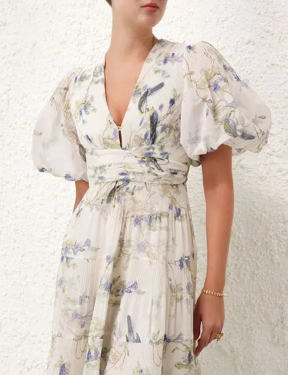 Zimmermann Pleated Midi Dress Blue Birds Size 3 AU 14 photo 3