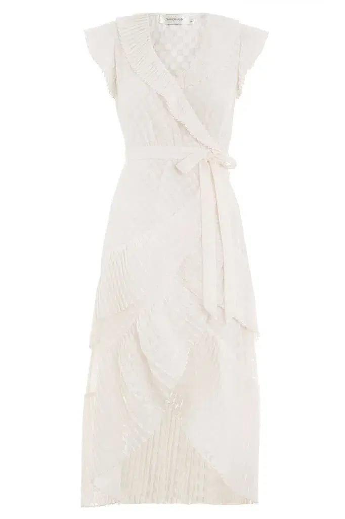 Zimmermann Polka Dot Plissé Wrap Midi Dress Off White Size 6 photo 2