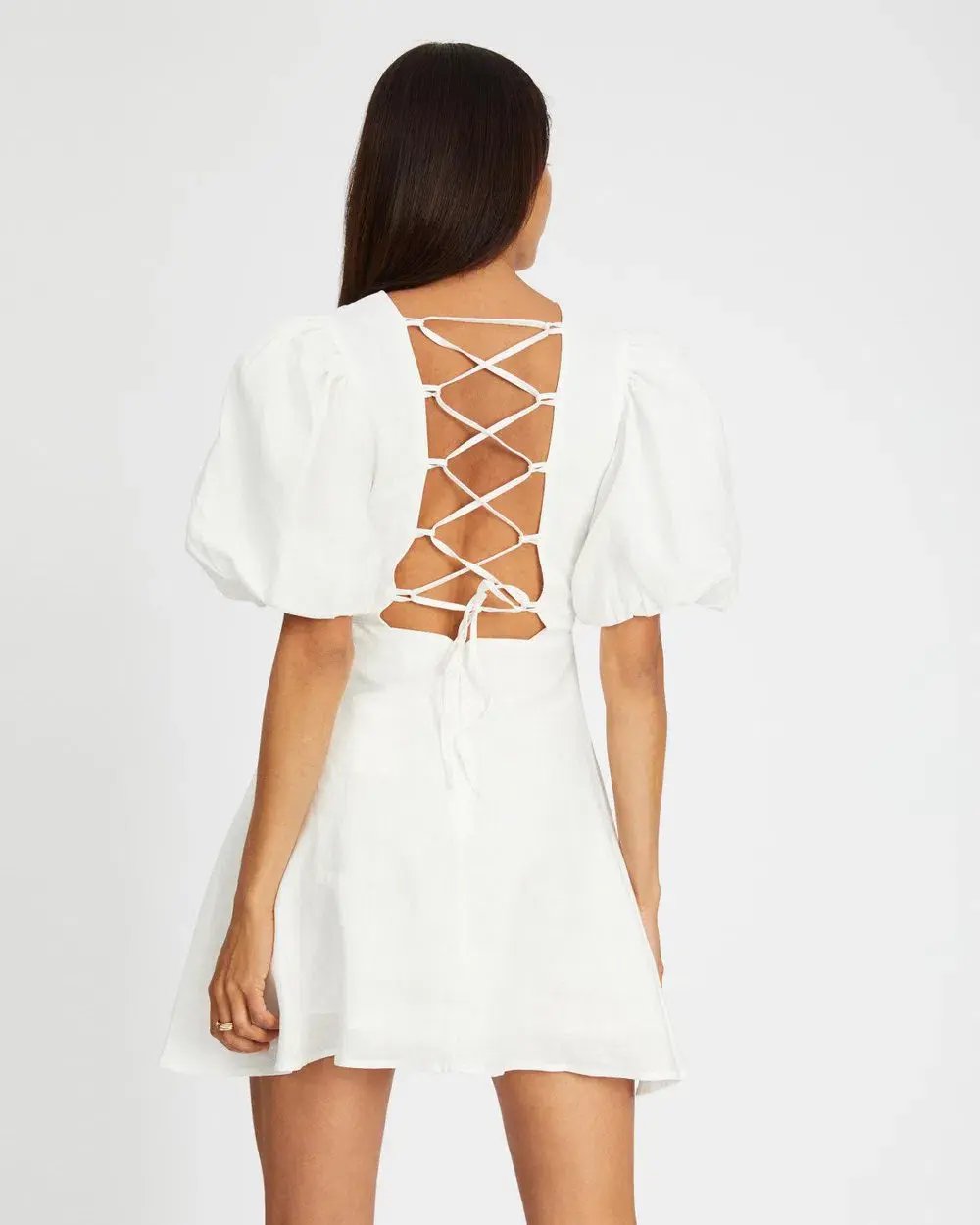 Aere Puff Sleeve Linen Mini Dress White Size 6 photo 3