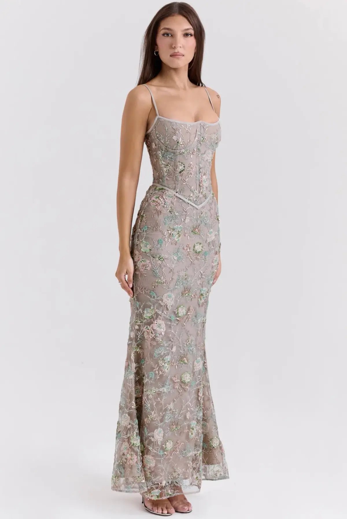 House of CB Naima Embellished Beaded Corset Maxi Dress Silver size 6 photo 4