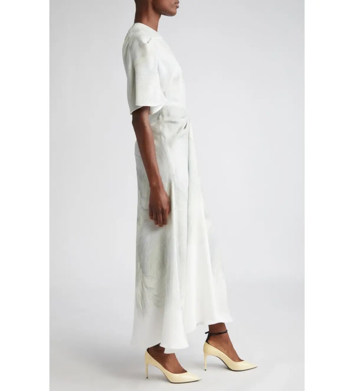 Victoria Beckham Drape Sleeve Midi Dress In White Digital Feather Print Size AU 8 photo 3