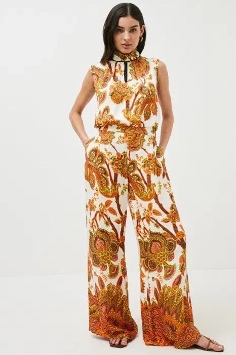 Karen Millen Petite Batik Floral Palazzo Woven Trouser And High Neck Top Orange Size AU 6 photo 2