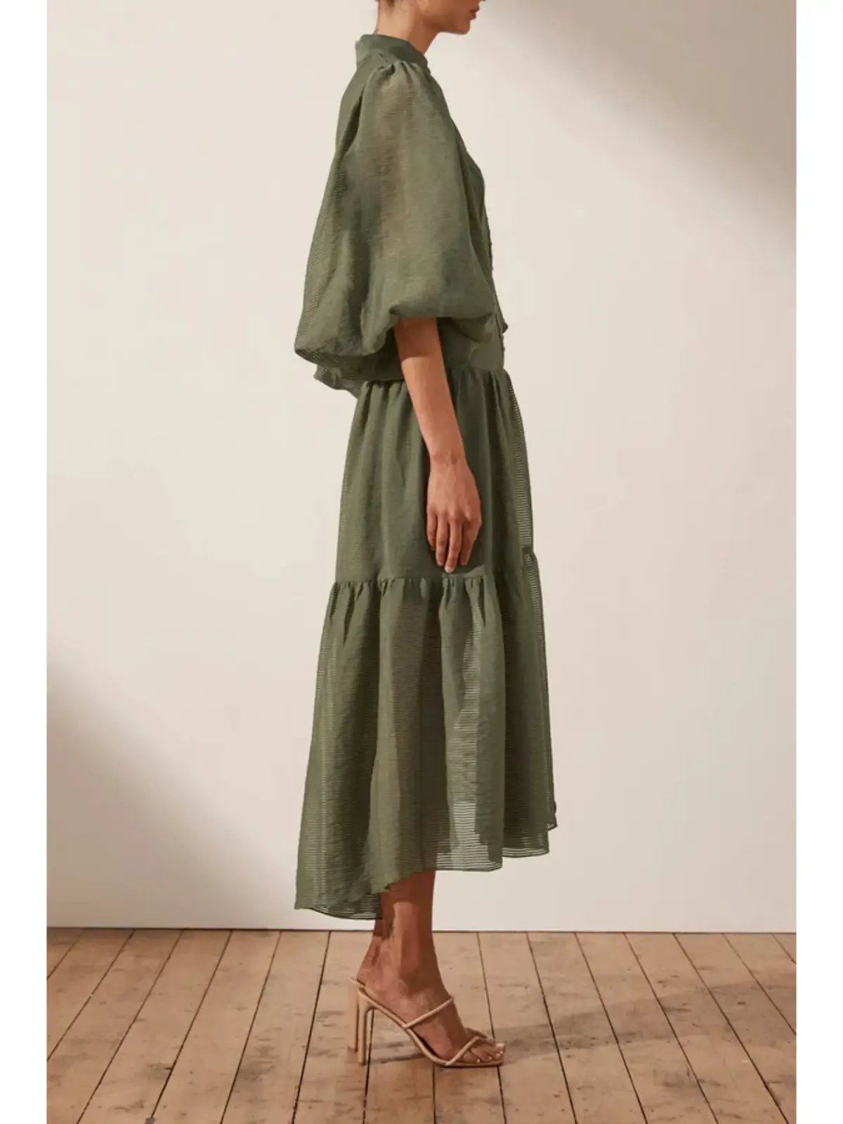 Shona Joy Charlotte High Neck Midi Dress Khaki Size AU 16 photo 3