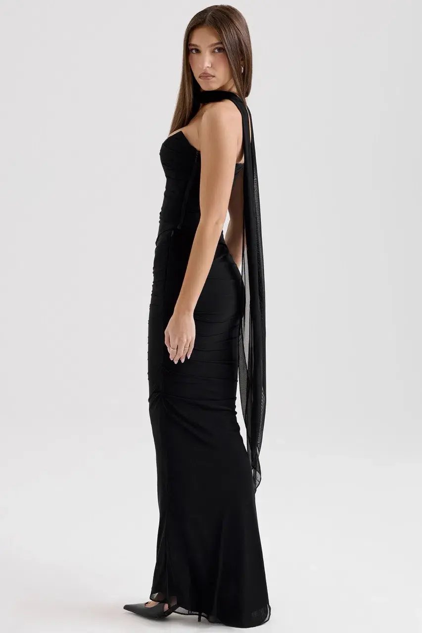 House of CB Black Hallie Strapless Corset With Neck Scarf & Cassidy Fluted Hem Maxi Skirt Set Size in Black XS / AU 6 photo 4