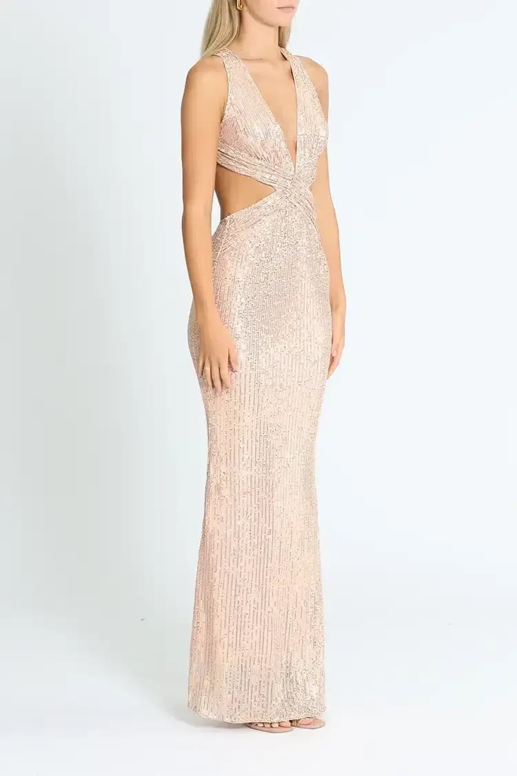 Elle Zeitoune Lauinda Cut Out Sequin Gown in Rose Gold Size 6 photo 2