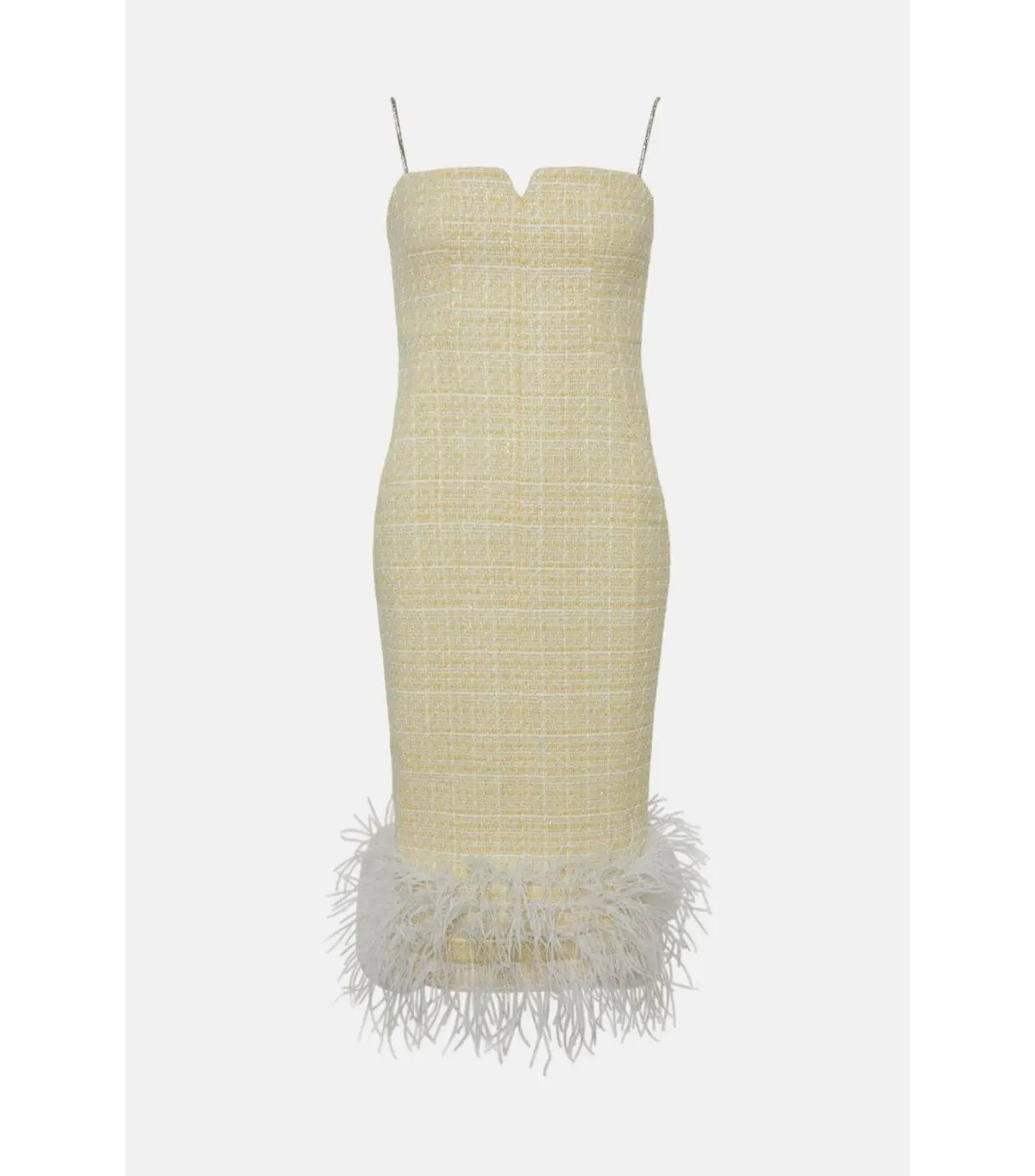 Karen Millen Tweed Chain Strap Feather Hem Midi Dress Yellow Size AU 10 photo 4