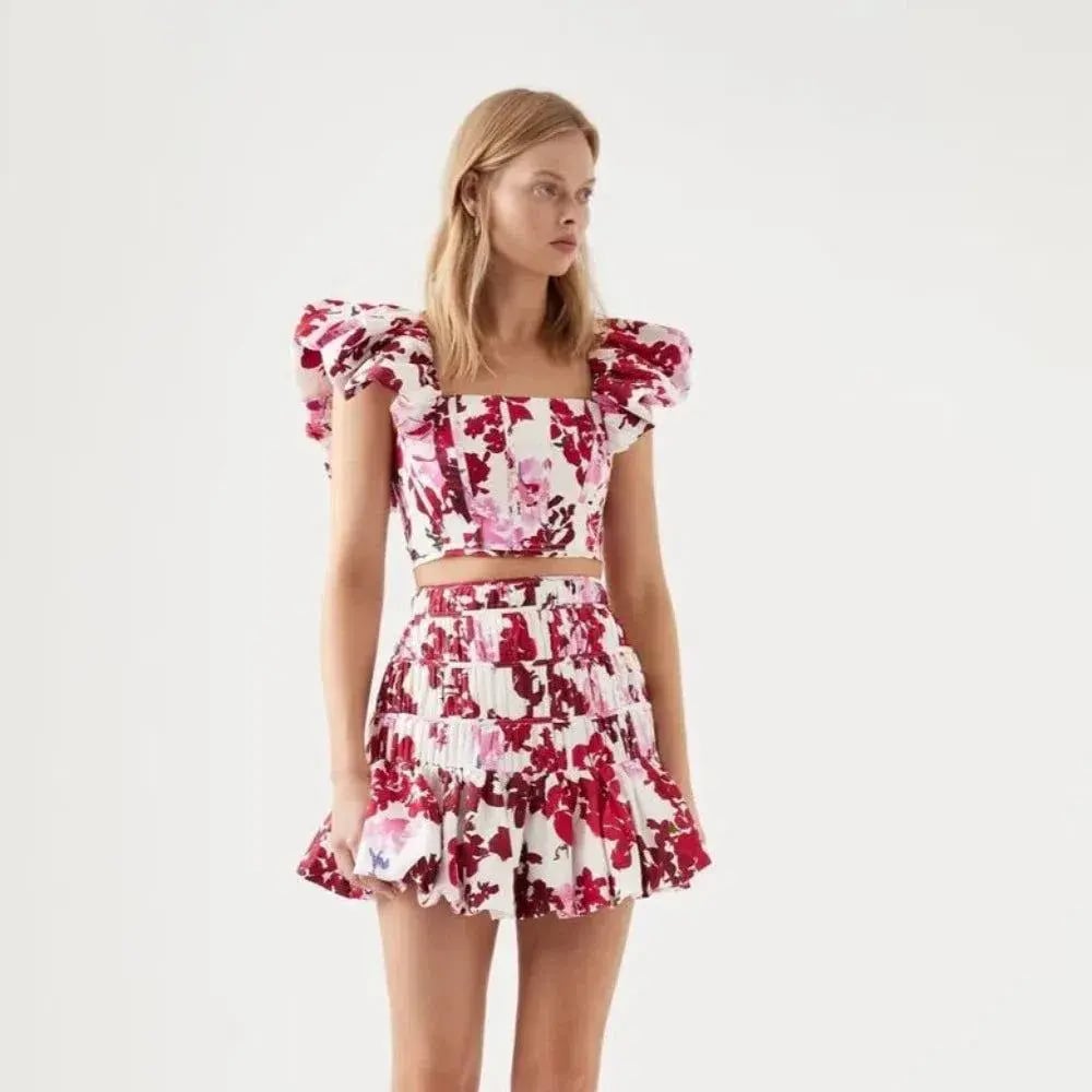 Aje Margot Bubble Frill Top and La Vie Bubble Mini Skirt Set Roses Of Provence Print Size 14 photo 3