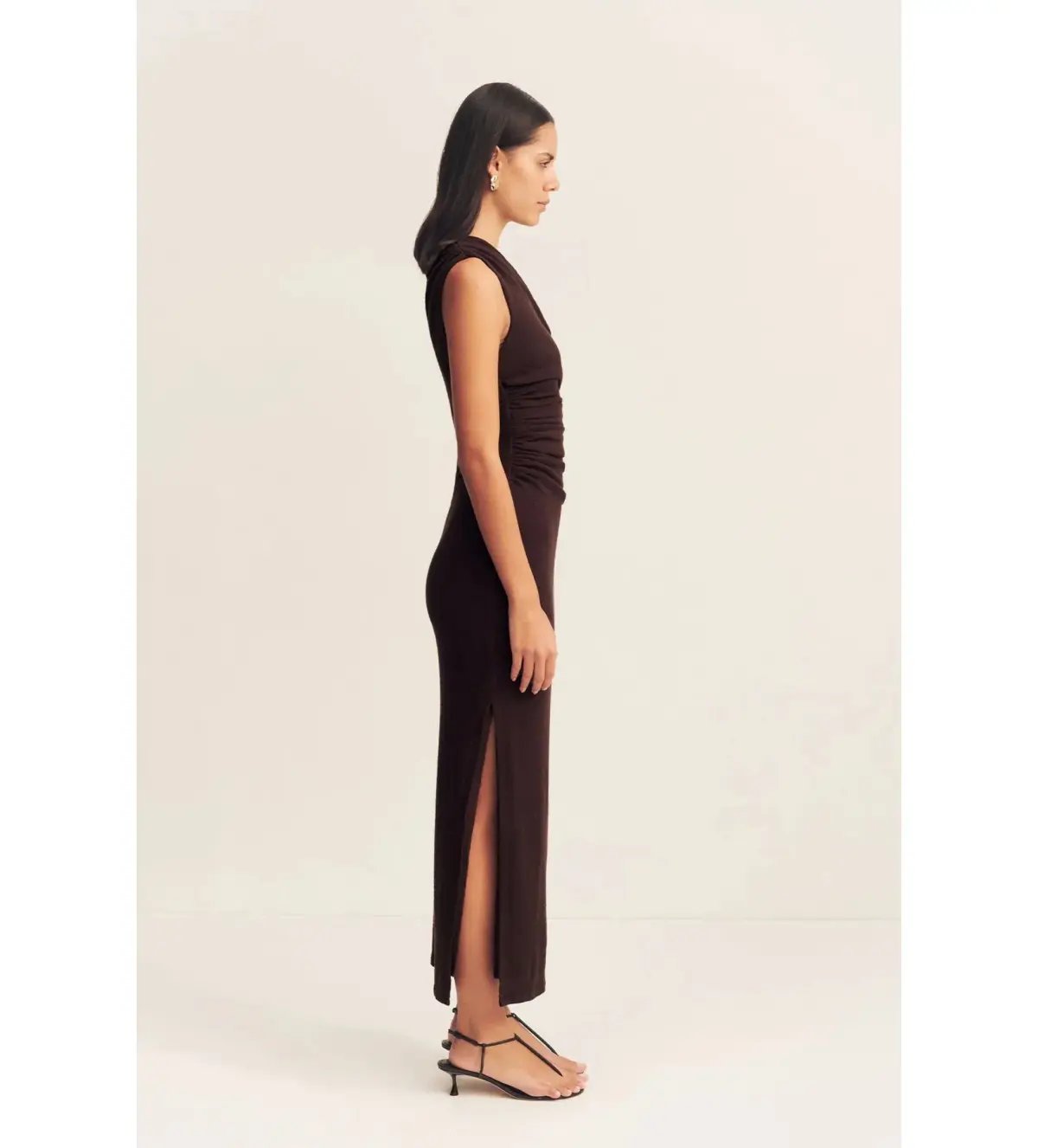 Shona Joy Beau Gathered Asymmetrical Midi Dress in Espresso Size XS / AU 6 photo 3