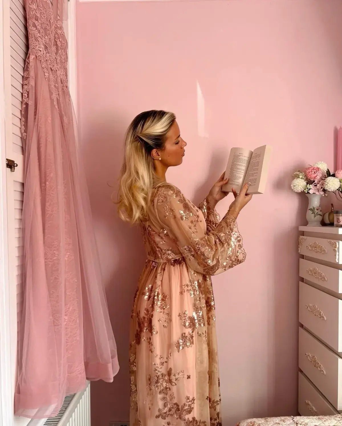 Coven & Co Maternity Melody Sequin Duster Gown Rose Gold Size 12 photo 4
