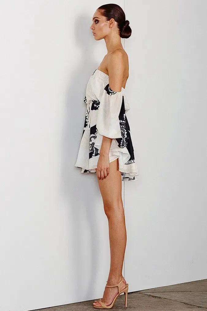 Shona Joy Manuela Off The Shoulder Drawstring Mini Dress Print Size AU 6 photo 2