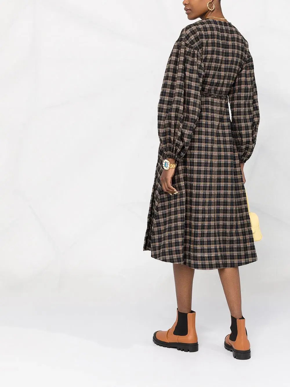 Ganni Fossil Seer Sucker Wrap Dress Check Print Size M / AU 10 photo 3