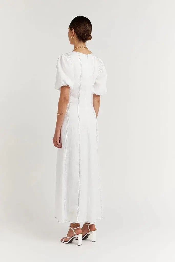 Dissh Chai Linen Panelled Puff Sleeve Midi Dress Off White ivory Size M / AU 10 photo 3