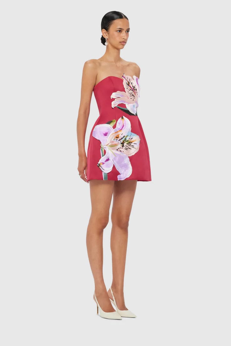 Leo Lin Rosario Appliqué Bustier Mini Dress - Lily Print in Oxblood photo 3