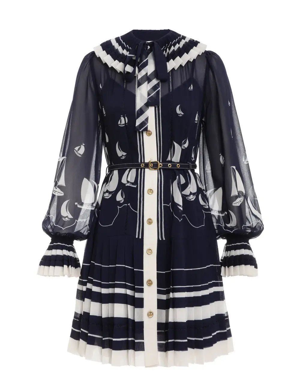 Zimmermann Pleated Tie Neck Mini Dress Moonlight Sailboats Size 3 / Au 14 photo 2