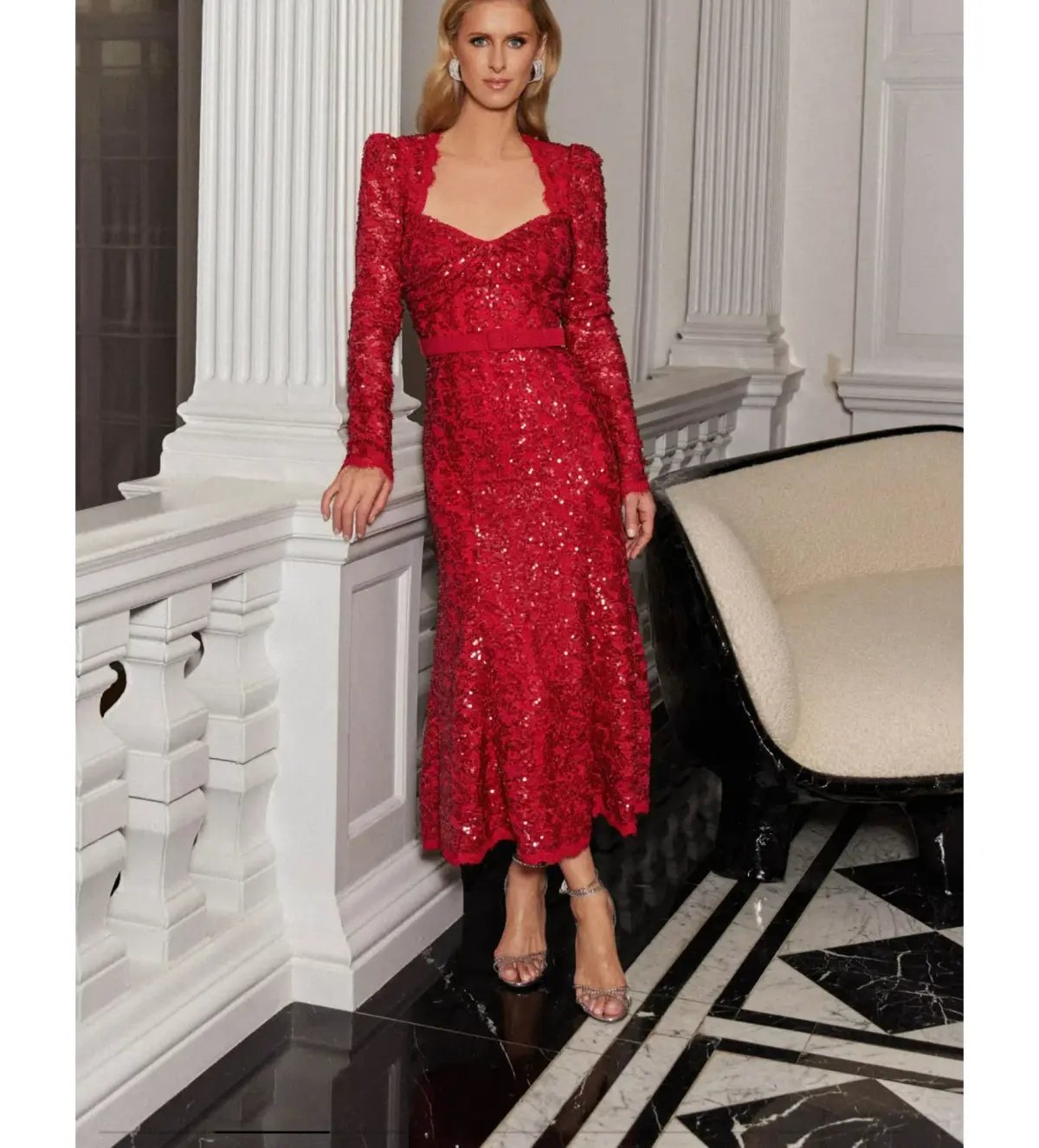 Rebecca Vallance Nicky Hilton Leyla Long Sleeve Midi Dress in Red Sequin Size XS / AU 6 photo 2